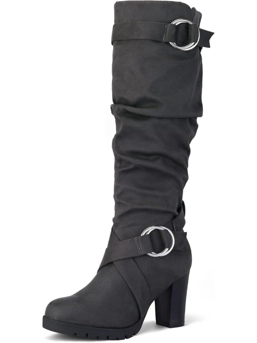 Women's Dark Grey Knee High Boots Chunky Block Heel Side Zipper Non-Slip Boots